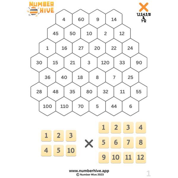 Number Hive Game Boards - Multiplication Strategy Game Teacher Resource 12345&10 x 1-12